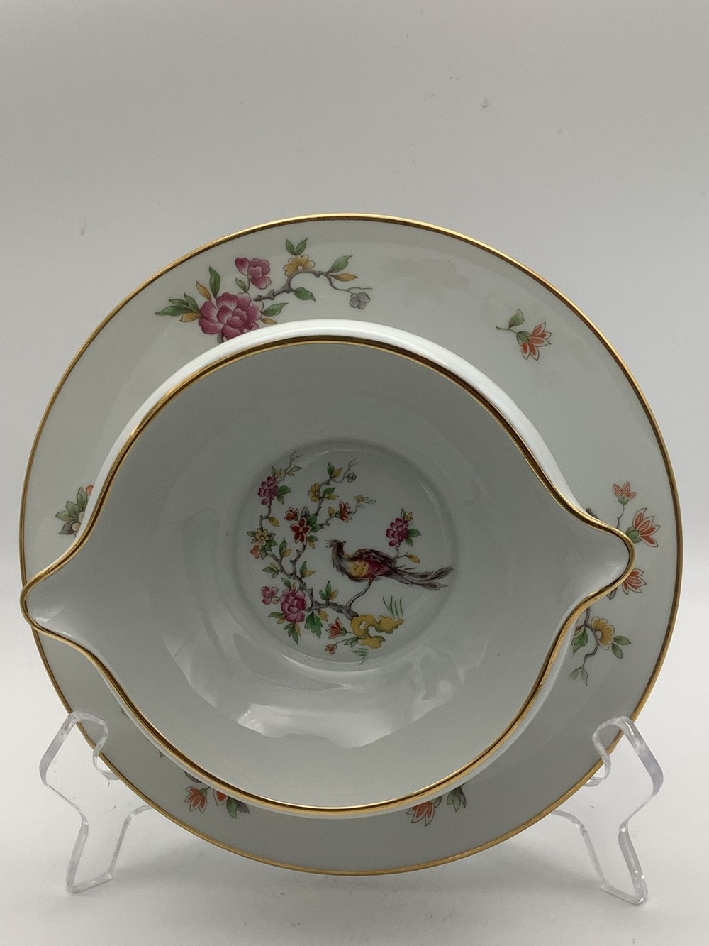 Limoges France Royal Chapus  Porcelain Sauce Boat with Floral & Bird Motif